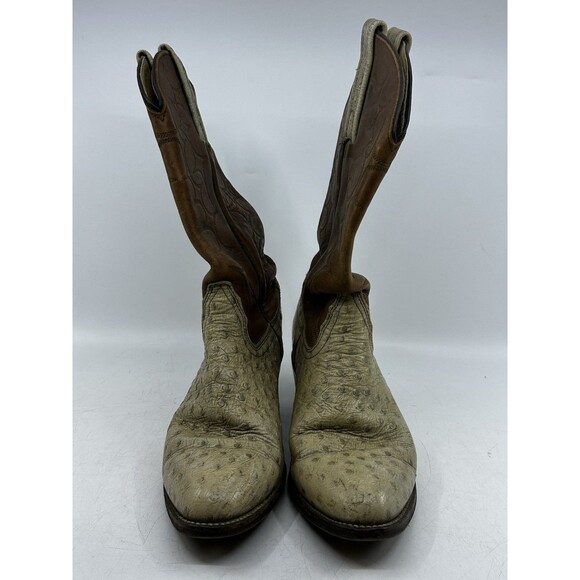 Vintage Frye Ostrich Leather Cowboy Boots Men\'s Sz 9.5 B Brown White Label USA main image 4